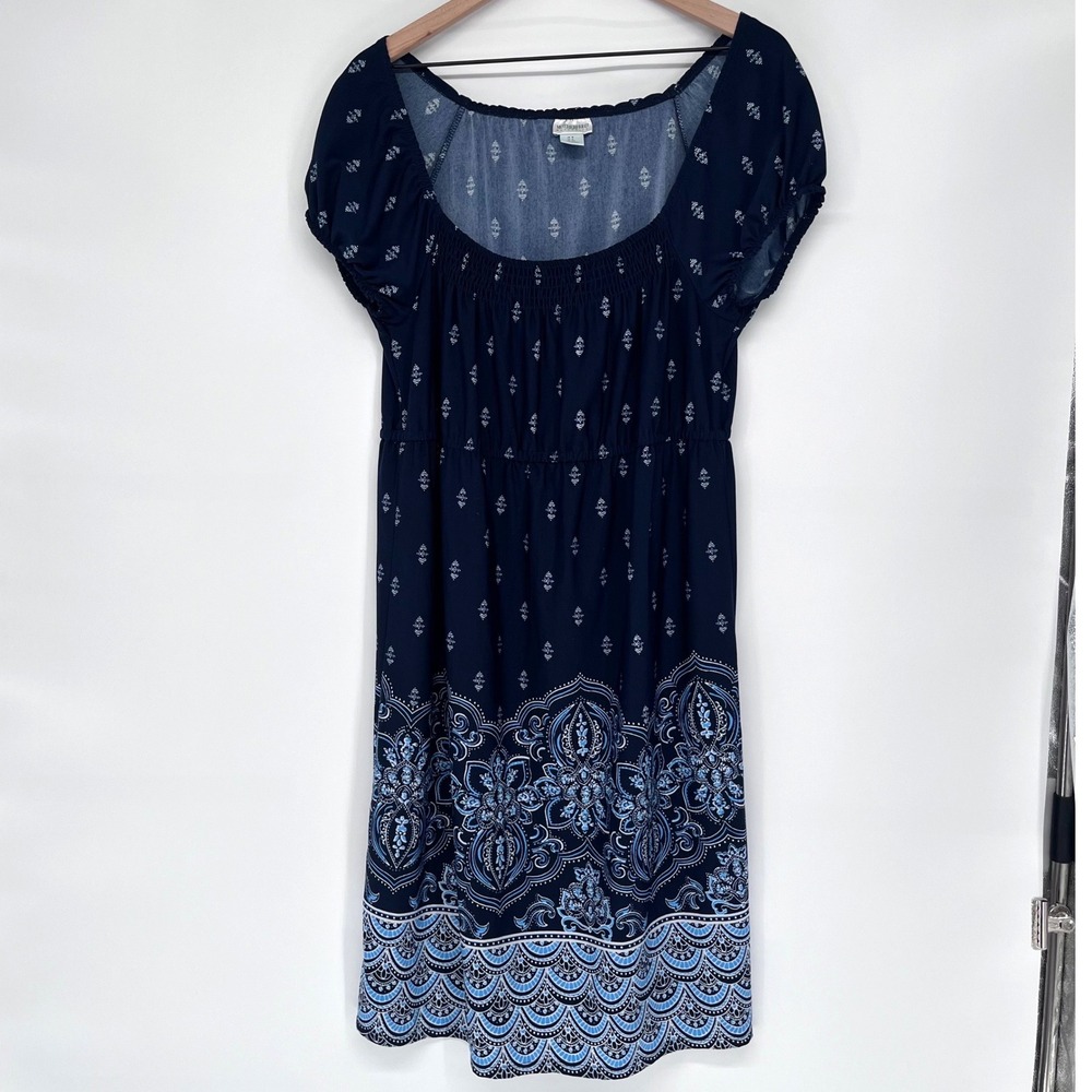Motherhood Maternity Dress Women S Blue Medallion Boho Short Sleeve Knee Length